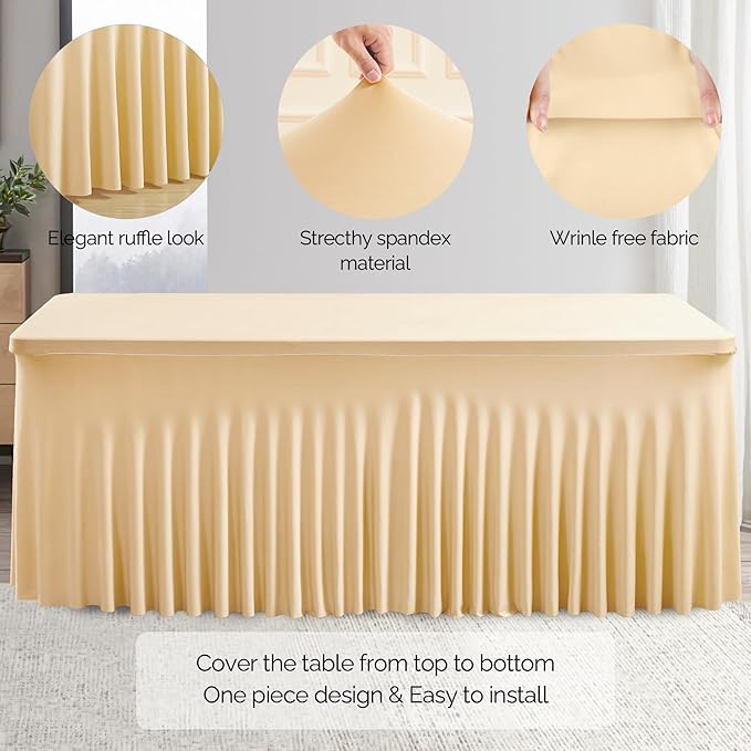 Wish Care 2 Pack Champagne Spandex Table Clothes for 8 Foot Rectangle Tables, 8FT Wrinkle Free Fitted Tablecloths Ruffles Design Table Cover for Party, Banquet, Wedding and Events