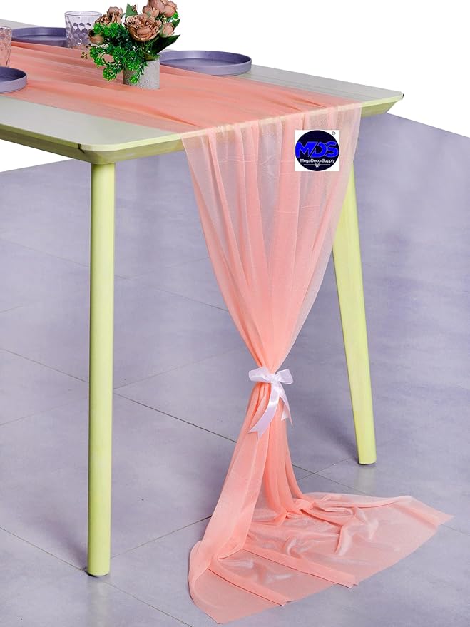 MDS 15 Pack 10ft Chiffon Table Runner 29 x 120 Inches Sheer Wedding Runner Romantic Rustic Table Runner for Wedding Decorations, Birthday Parties, Bridal Shower Party Arch Decor - Peach