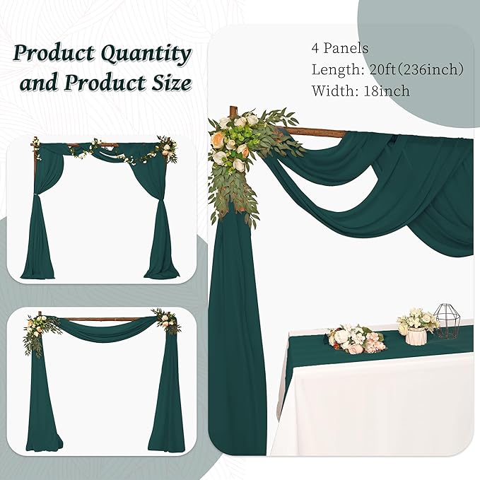 8 Panels Wedding Arch Draping Fabric 28" x20Ft Wedding Arch Drapes Chiffon Fabric Drape Sheer Backdrop Curtain for Weddings Party Ceremony Birthday Arbor Drapery Reception Ceiling Décor(Emerald Green)