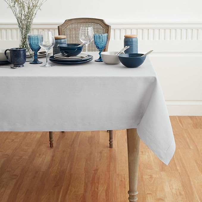 Solino Home Linen Tablecloth 52 x 52 Inch - 100% Pure Linen Silver Cloud Square Tablecloth - Fete, Machine Washable Table Throw for Fall, Autumn, Thanksgiving
