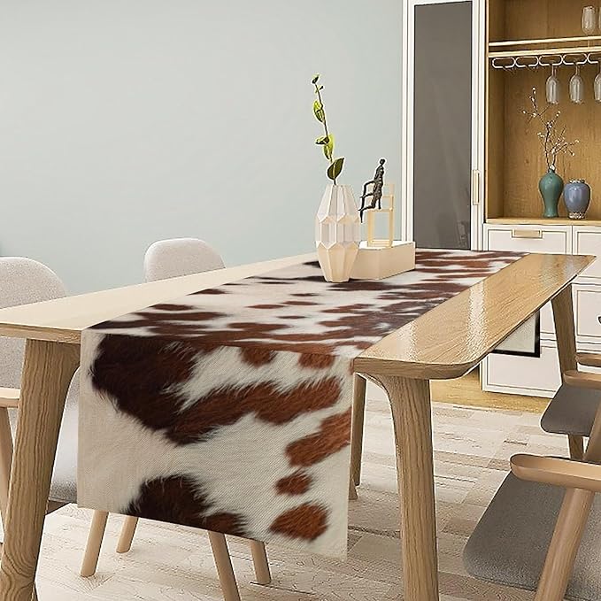 Farmhouse Cow Skin Print Table Runner, Safari Wildlife Brown Country Farm Cowhide Pattern Cotton Linen Rustic Cottage Table Runner for Dinning Home Party Holidays Home Setting, 13x70 Inch