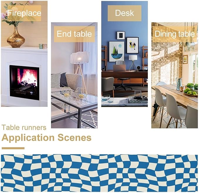 Table Flag Retro Plaid 60s70s Blue Plaid Table Flag Kitchen Restaurant Decoration Suitable for Indoor and Outdoor Festival Home Wedding Party Table Flag 13x70