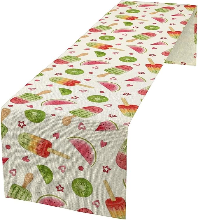 Summer Popsicles Table Runner, Colorful Watercolor Ice Cream Loves Heart Seasonal Dinner Runner for Party Holiday Home Kitchen Dining Table Decor 13"x90"