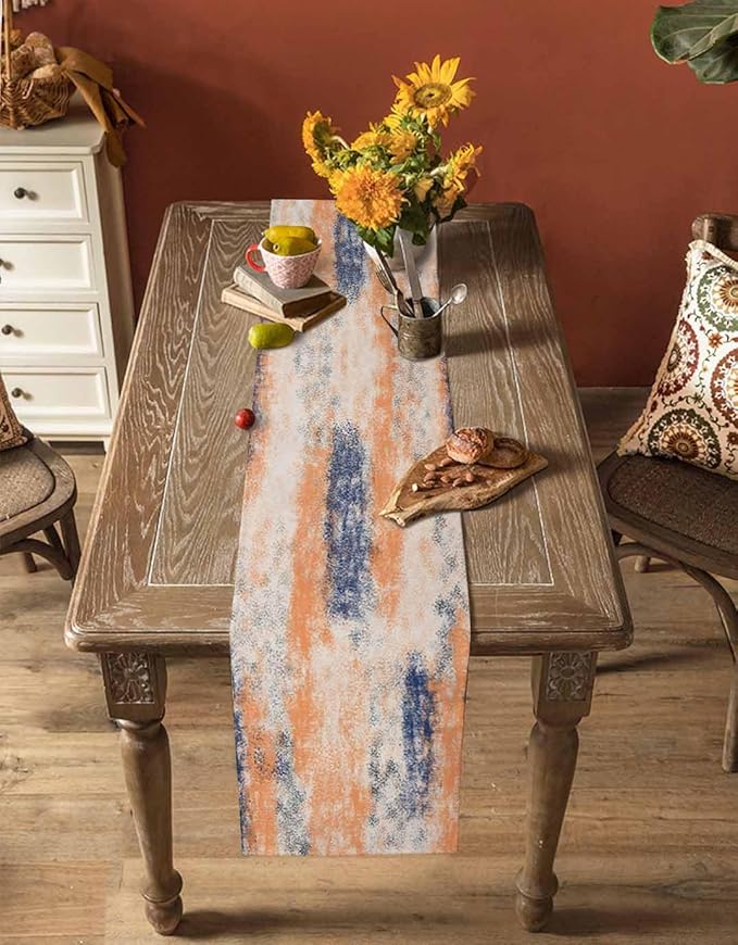 Vintage Oil Painted Cotton Linen Table Runner for Dining Kitchen, Wedding Outdoor Party Tablerunners Decoration, Abstract Modern Orange Minimalist Dresser Scarf Coffee Tablecloth Runners 13x108 Inches