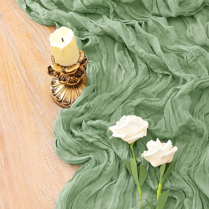 12Pcs Sage Green Cheesecloth Table Runner 120 Inch Green Cheesecloth Table Runner10FT Sage Table Runner Boho CheeseClothTable Runner forWedding Party Baby Shower Birthday Home Decor HolidayDecorations