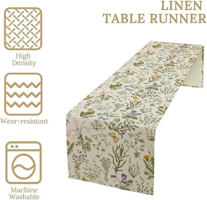 Wildflowers Floral Table Runner, Retro Flower Butterfly Seasonal Spring Summer Kitchen Dinning Table Runner for Indoor Outdoor Home Wedding Party Holiday, 13x36 Inch