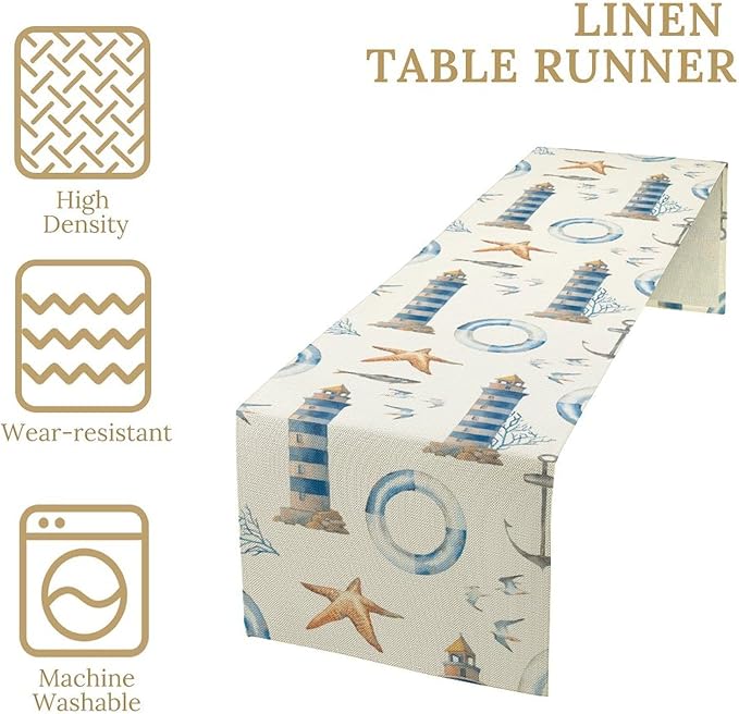 Blue Beach Table Runner, Tropical Ocean Coast Table Runner, Seashell Seasonal Nautical Restaurant Coffee Table Decorations for Home Holiday Party Indoor Outdoor 13x36 Inch