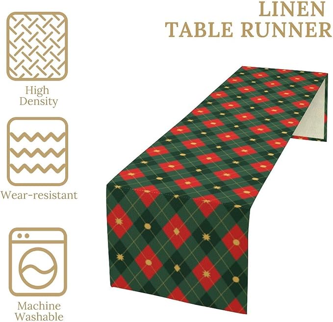 Christmas Table Runner,Green Red Xmas Plaid Table Cloth Kitchen Dining Table Decoration for Home Party Decor 13x70 Inch