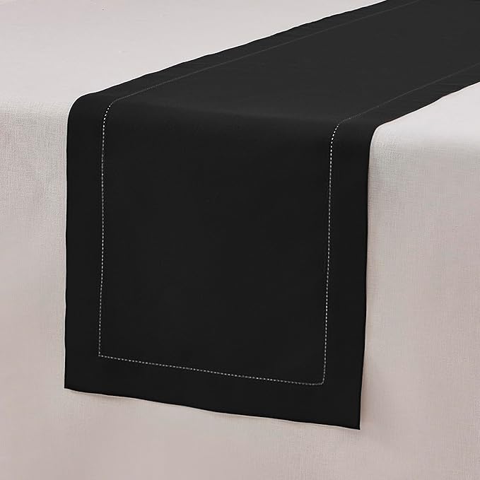 Black Table Runner 48 Inch – Cotton Linen Hemstitch Farmhouse Table Runner 14x48 – Washable Fabric for Fall, Halloween, Thanksgiving, Everyday Dining & Décor – Serena