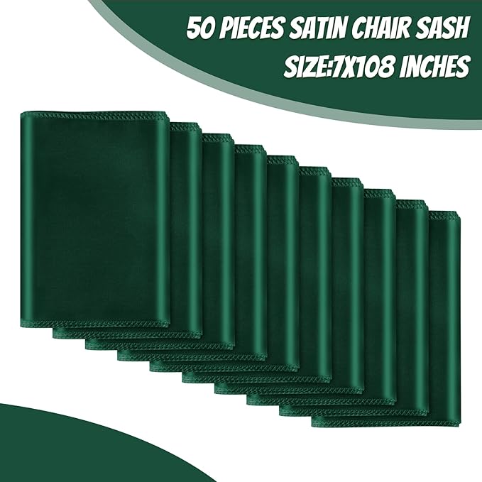 50 PCS Forest Green Satin Chair Sashes Bows Universal Chair Ribbon Ties Back Sash for Wedding Party Reception Events Banquets Hotel Event Chair Cover Decoration (7x108 inch)