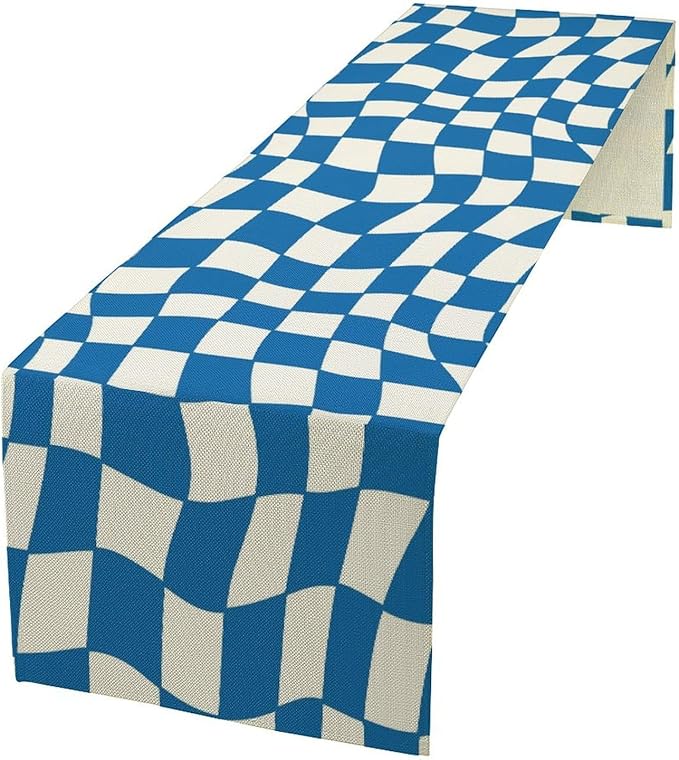 Table Flag Retro Plaid 60s70s Blue Plaid Table Flag Kitchen Restaurant Decoration Suitable for Indoor and Outdoor Festival Home Wedding Party Table Flag 13x108