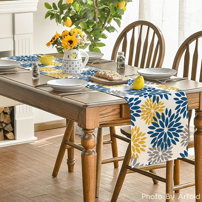 Artoid Mode Blue Dahlia Floral Pinnata Summer Table Runner, Spring Kitchen Dining Table Decoration for Home Party Decor 13x60 Inch