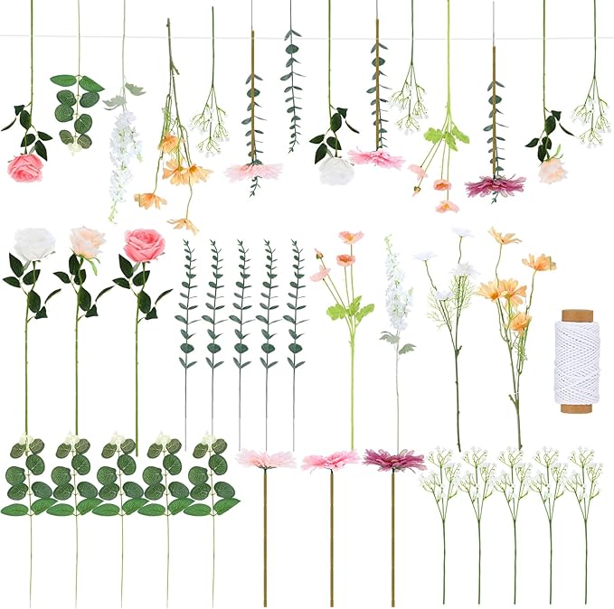Hoteam 51 Pcs DIY Flower Garland Artificial Hanging Wildflower Backdrop Set Fake Rose Eucalyptus Daisy Poppy Wild Flower Decor for Wedding Party Birthday Home Garden (White,Champagne,Pink)