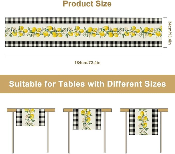 Lemon Table Runner,Black Buffalo Plaid Lemon Table Runner Farmhouse Style Spring Summer Home Kitchen Dinding Room Table Decoration 13x60 Inch