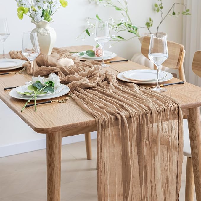 Asee'm Cheesecloth Table Runner 120 Inches Long Nude Boho Gauze Cheese Cloth Runner 10FT Rustic Sheer Fall Table Runners for Thanksgiving Christmas Wedding Party Baby Shower Decoration
