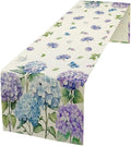 Spring Hydrangea Flower Table Runner, Seasonal Summer Plants Watercolor Florals Butterfly Dinner Runner for Home Kitchen Dining Table Party Holiday Decoration 13"x70"