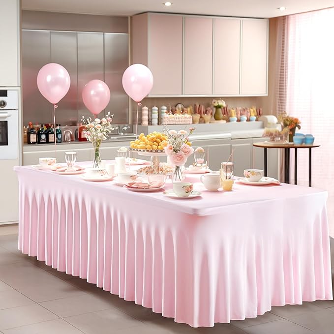 Wish Care 2 Pack Pink Spandex Table Clothes for 6 Foot Rectangle Tables, 6FT Wrinkle Free Fitted Tablecloths Ruffles Design Table Cover for Party, Banquet, Wedding and Events