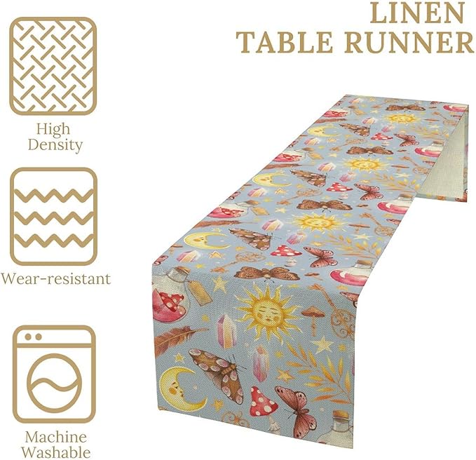 Boho Sun Moon Table Runner Mystical Rustic Butterfly Mushroom Star Table Runner for Kitchen Living Room Dinner Holiday 13x60 Inch