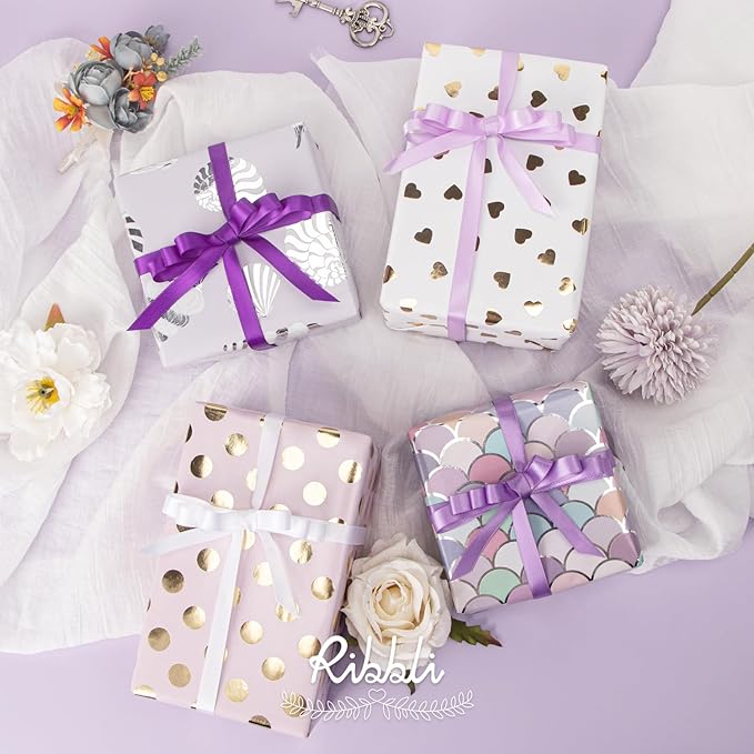 Ribbli Purple Satin Ribbon 3/8 Inch x 4 Rolls Total 40 Yards-White Lavender Purple Ribbon for Gift Wrapping Craft Wedding Decoration