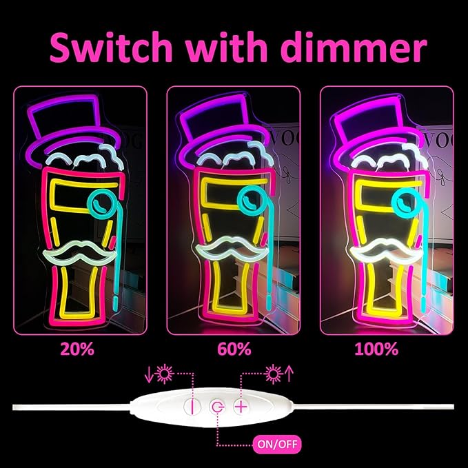BEER Neon Sign for Wall Decor, Gentleman Neon Bar Signs for Home Bar Pub Party Man Cave Club, Neon Beer Light with Dimmable, Beer Signs Decoration USB Powered with Switch