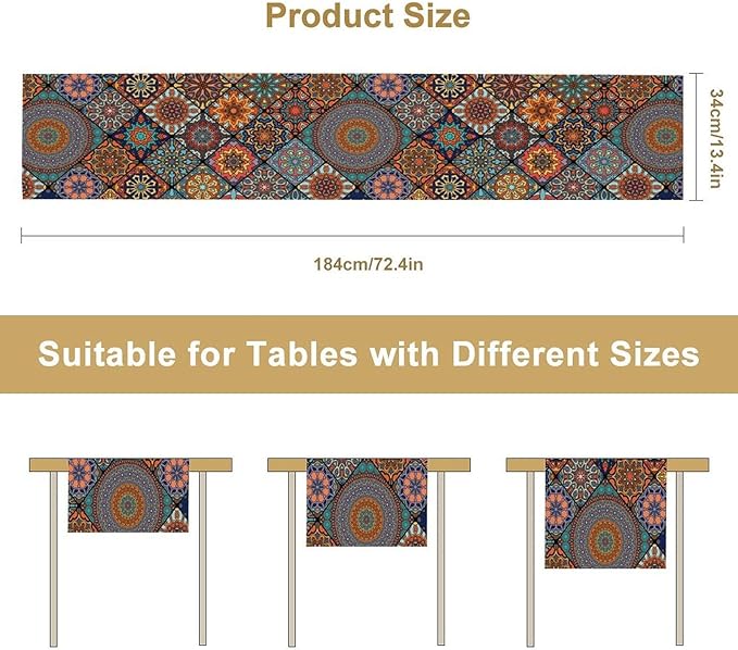 Bohemian Table Runner, Colorful Vintage Indian Mandala Floral Table Runners for Kitchen Dining Coffee Table Indoor Outdoor Party Decor, 13x36inch