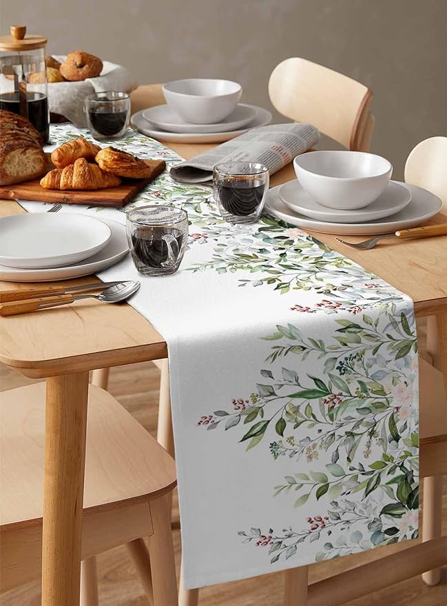 Botanical Eucalyptus Cotton Linen Table Runner for Dining Kitchen, Wedding Outdoor Party Tablerunners Decoration, Sage Green Leaves Elegant Floral Dresser Scarf Coffee Tablecloth Runners 13x48 Inches