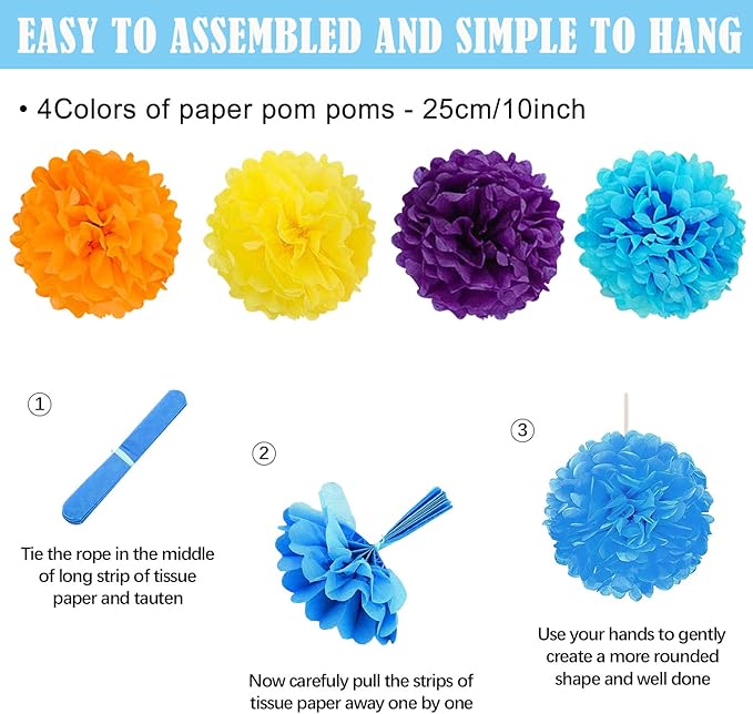 Colorful Birthday Decorations - Mexican Fiesta Party Decorations with Paper Fans, Paper Pom Poms,Dots Garland, Pennant Banner, Honeycomb Balls Packs