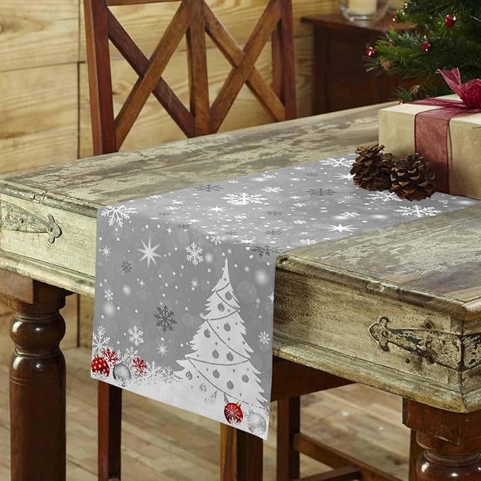 Christmas Snowflakes Cotton Linen Table Runner for Dining Kitchen, Xmas Tree Snow Winter Wedding Outdoor Party Tablerunners Decoration, Grey Balls Dresser Scarf Coffee Tablecloth Runners 13x36 Inches