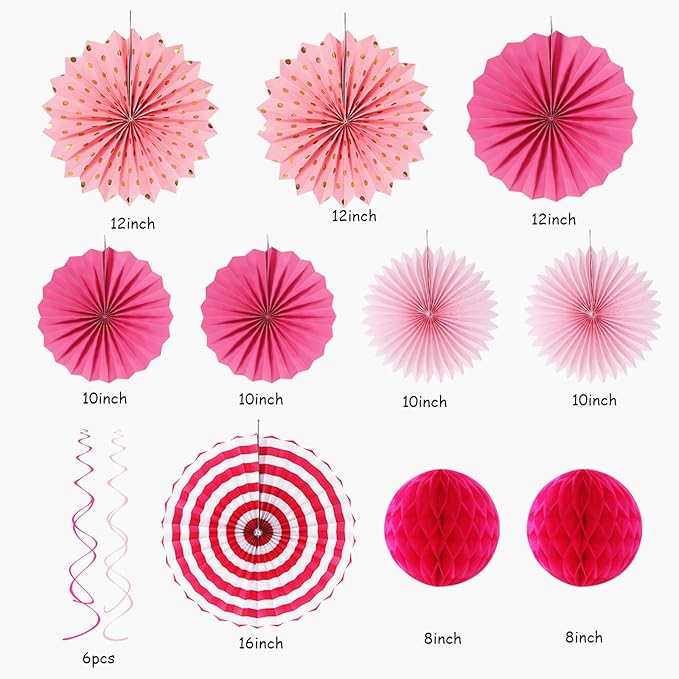 Hot-Pink Rose Red Party-Decorations - 33pcs Banner,Streamers Tassel Garland,Tissue Pom Poms Honeycomb,Paper Lanterns Fan,Birthday Wedding Bridal Baby Shower Bachelorette Engagement Decor Hugtmr