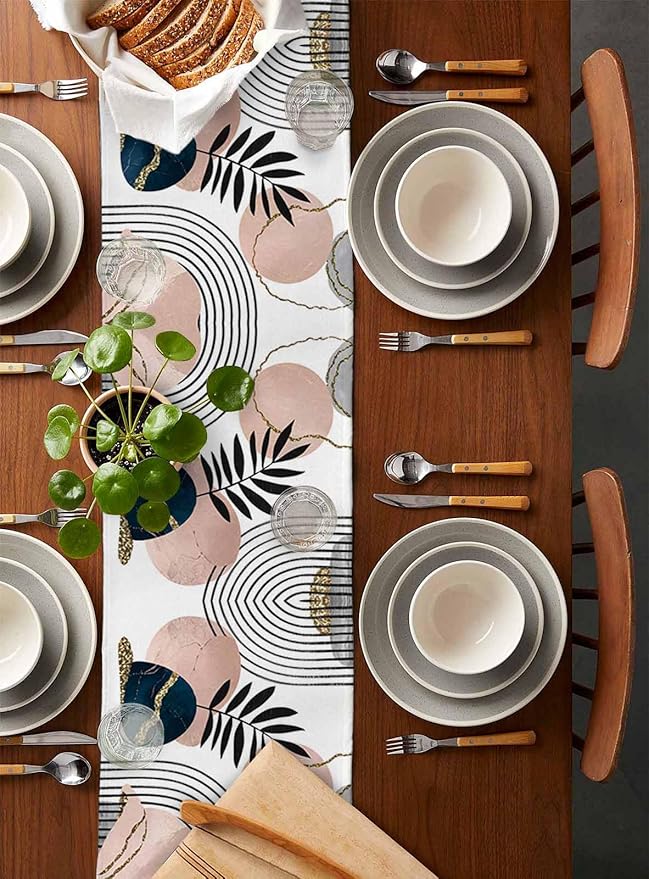 Modern Boho Cotton Linen Table Runner for Dining Kitchen, Wedding Outdoor Party Tablerunners Decoration, Abstract Bohemian Tropical Palm Leaf Dresser Scarf Coffee Tablecloth Runners 13x120 Inches