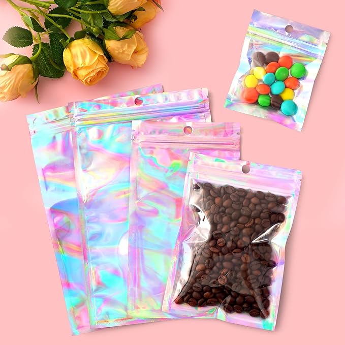 Funfery 100 Pack Smell Proof Holographic Bags Clear Window Resealable Bags,Mylar Foil Bag with Zipper,Sealing Pouch Packaging Bag for Food Storage,Candy,Party Favor Sample Business Supplies(4x6in)