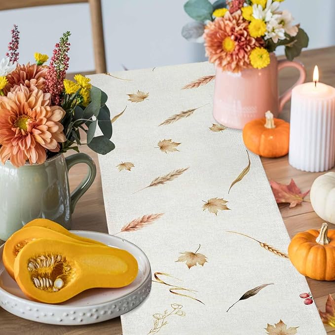 Fall Thanksgiving Cotton Linen Table Runner for Dining Kitchen, Orange Pumpkins Outdoor Party Autumn Tablerunners Decoration, Rustic Wheat Leaves Dresser Scarf Coffee Tablecloth Runners 13x48 Inches