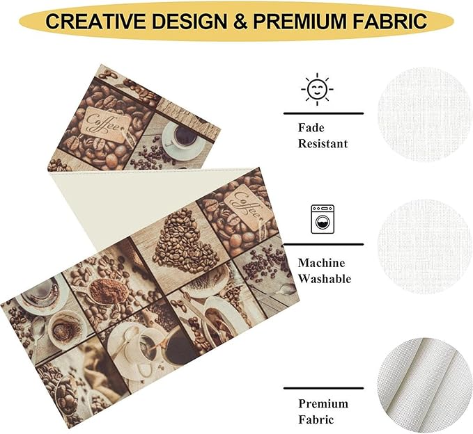 Coffee Theme Table Runner, Rustic Farmhouse Coffee Cup Latte Cappuccino Tea Party Cafe Table Center Decor for Home Kitchen Dining Patio Holiday Party Indoor Outdoor Table Decorations, 13"x72" Inch