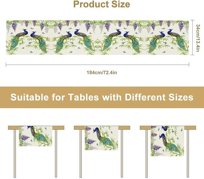 Peacock Table Runner,Spring Plant Butterfly Print Seasonal Table Runner for Home Kitchen Dining Party Indoor Outdoor Decoration 13x108 Inch