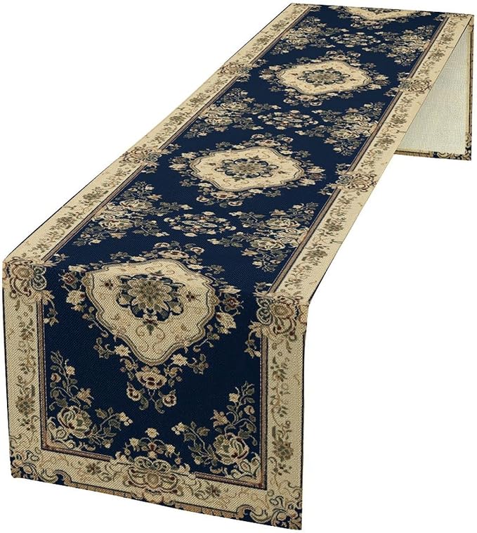Vintage Elegant Farmhouse Table Runner Blue Beige Flower for Home Farmhouse Kitchen Table Dining Coffee Room Garden Party Wedding Decor 13x90in