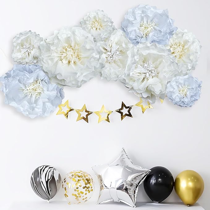 White Paper Flower Pom Poms Wall Decorations for Birthdays, Bridal, Baby Showers, Weddings, Outdoor Decor, Tea Parties, Engagement