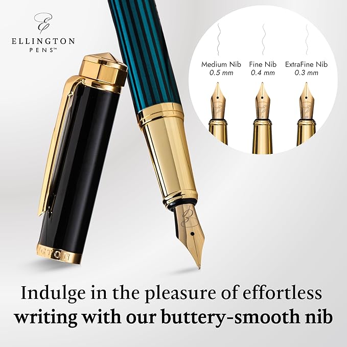 Ellington Pens Luxury Fountain Pen Set- Fountain Pens for Writing - Smooth Fine Nib - Includes Refillable Ink Converter, 3 Ink Cartridges [Black & Blue], Gift Box - Elegant Calligraphy