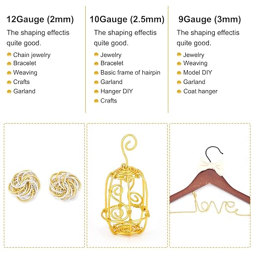 BENECREAT 9 Gauge 55FT Gold Jewelry Craft Wire Tarnish Resistant Bendable Aluminum Sculpting Metal Wire for Jewelry Craft Beading Work, 3mm