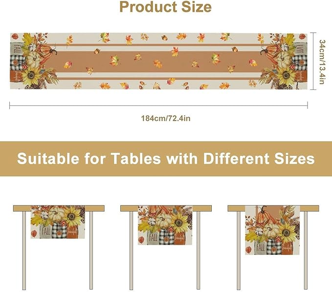 Autumn Table Runner,Thanksgiving Fall Pumpkin Leaves Floral Table Cloth for Kitchen Dining Table Decoration Home Party Decor 13x90 Inch