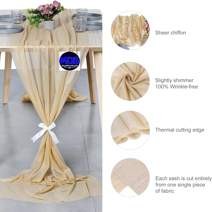 MDS Halloween Chiffon Table Runner - 5 Pack, 29 x 120 Inches, 10ft Each - Sheer Spooky Table Runners for Haunted House Parties, Trick-or-Treat Tables, Witchy Décor, Wedding & Events - Champagne Gold