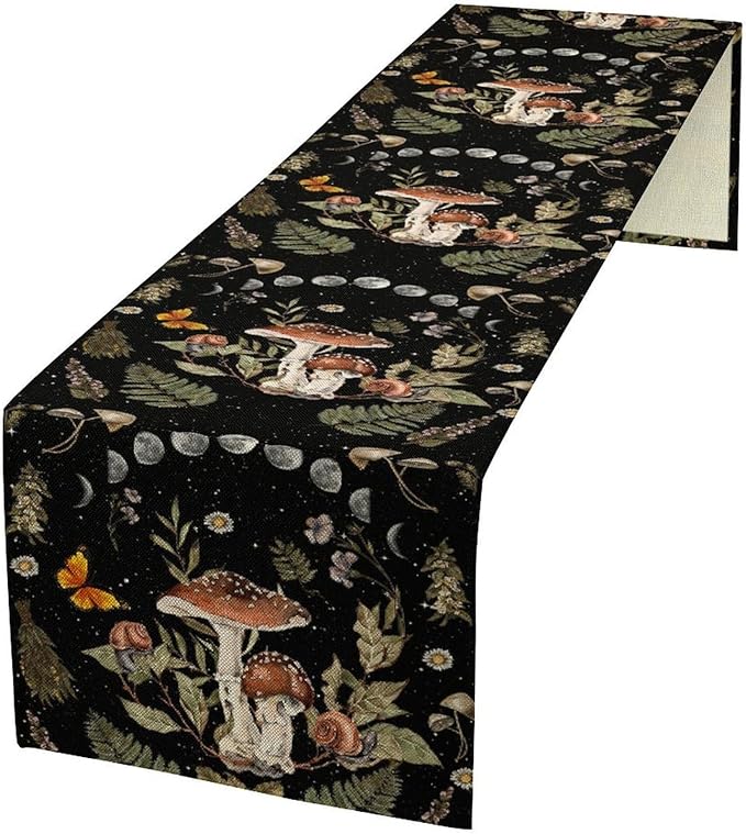 Mushroom Kitchen Table Runner, Boho Vintage Wild Flower Gothic Witchy Moonlit Forest Plant Table Runner for Bedroom Living Room Kitchen Dinner Table, 13x108 Inch