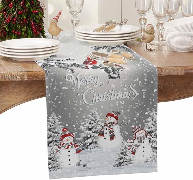 Christmas Snowman Cotton Linen Table Runner for Dining Kitchen, Snowflakes Xmas Pine Tree Wedding Outdoor Party Tablerunner Decoration Winter Bird Dresser Scarf Coffee Tablecloth Runners 13x70 Inches