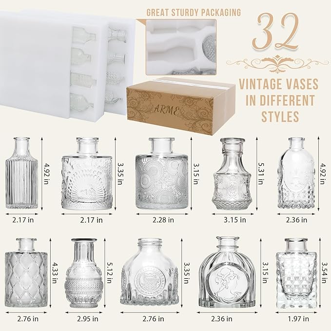 Arme Glass Bud Vase Set of 32 Pcs，Small Glass Vases for Flowers，Clear Bud Vases in Bulk，Vintage Vases for Centerpieces，Small Glass Bud Vase for Rustic Wedding Decorations，Home Table Flower Décor
