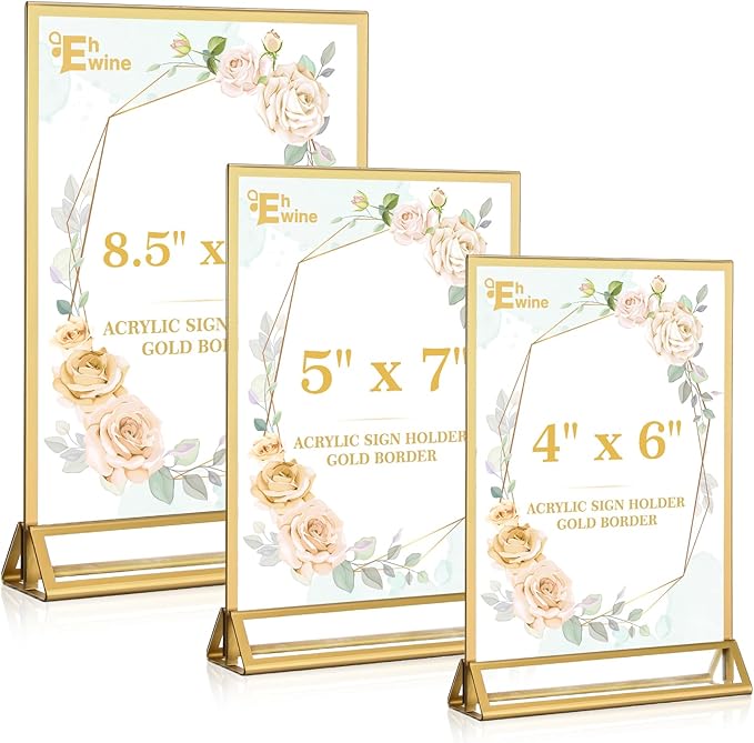 EHWINE 8 Pack Acrylic Sign Holder 8.5 x 11, Double Sided Gold Picture Frame Stand up Table Top Sign Holders, Clear Display Stand Menu Flyer Holder for Wedding Party (Provide Non-slip Mats)