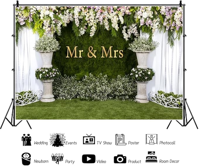 Wedding Arch Flower Backdrop 8x6ft - Flower Wedding Mr & Mrs Engagement Background