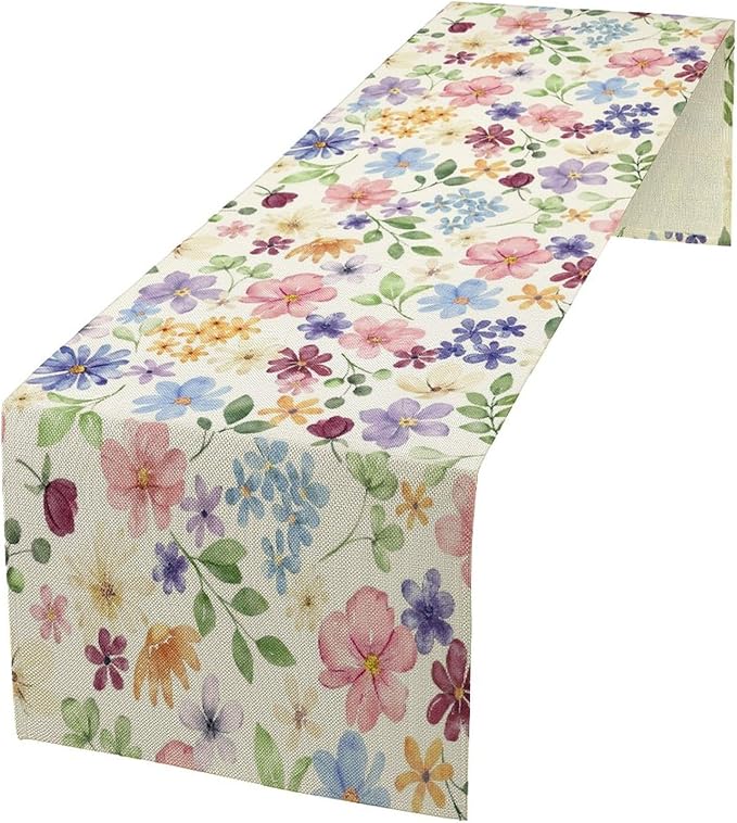 Floral Decorative Table Runner, Watercolor Floral Botanical Rustic Modern Style Pattern Printed Long Table Runner for Restaurant Kitchen Party,13in（33cm） W * 120in（305cm） L