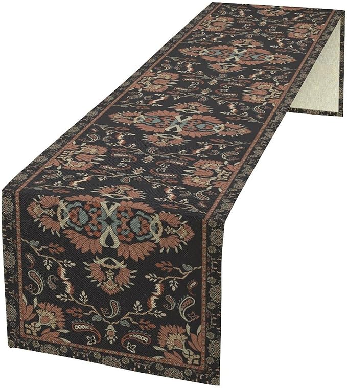 Boho Paisley Farmhouse Table Runner, Vintage Red Blue Retro Flower Rustic Country Style Floral Print Pattern for Home Kitchen Table Decor Dining Coffee Room Garden Party Decor 13x90in