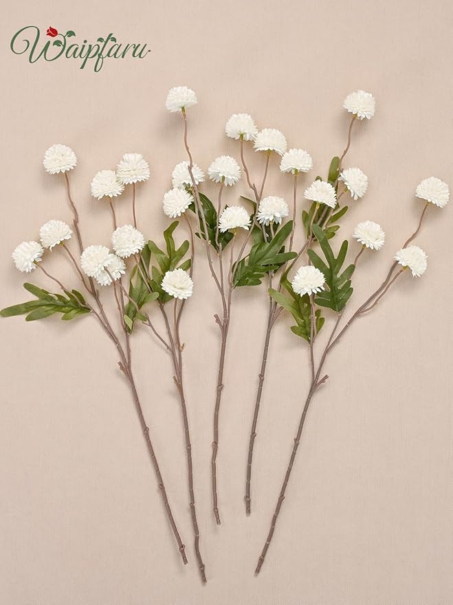 Waipfaru 10pcs Fake Silk Pompon Mum Artificial Flowers, Bulk Faux Mini Chrysanthemums with 2pcs Eucalyptus Stems, for Centerpieces Wedding Fillers Champagne Arrangements Shower Decorations, White