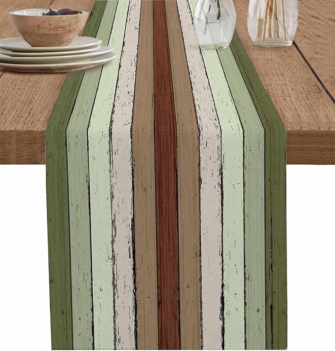 Sage Green Wooden Cotton Linen Table Runner for Dining Kitchen, Wedding Outdoor Party Tablerunners Decoration, Vintage Country Retro Distressed Grain Dresser Scarf Coffee Tablecloth Runners 13''x60''