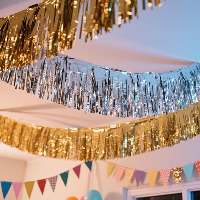 4 Pack Iridescent Pink Total 40 Feet Foil Fringe Garland Metallic Tinsel Banner Wall Hanging Drapes Parade Float Skirting Decorations for Trailer Mardi Gras Party Birthday Wedding